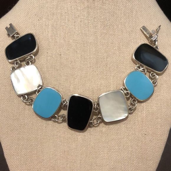 Sterling Silver Mother of Pearl Black & Turquoise Cabochon Linked Bracelet - Picture 2 of 10